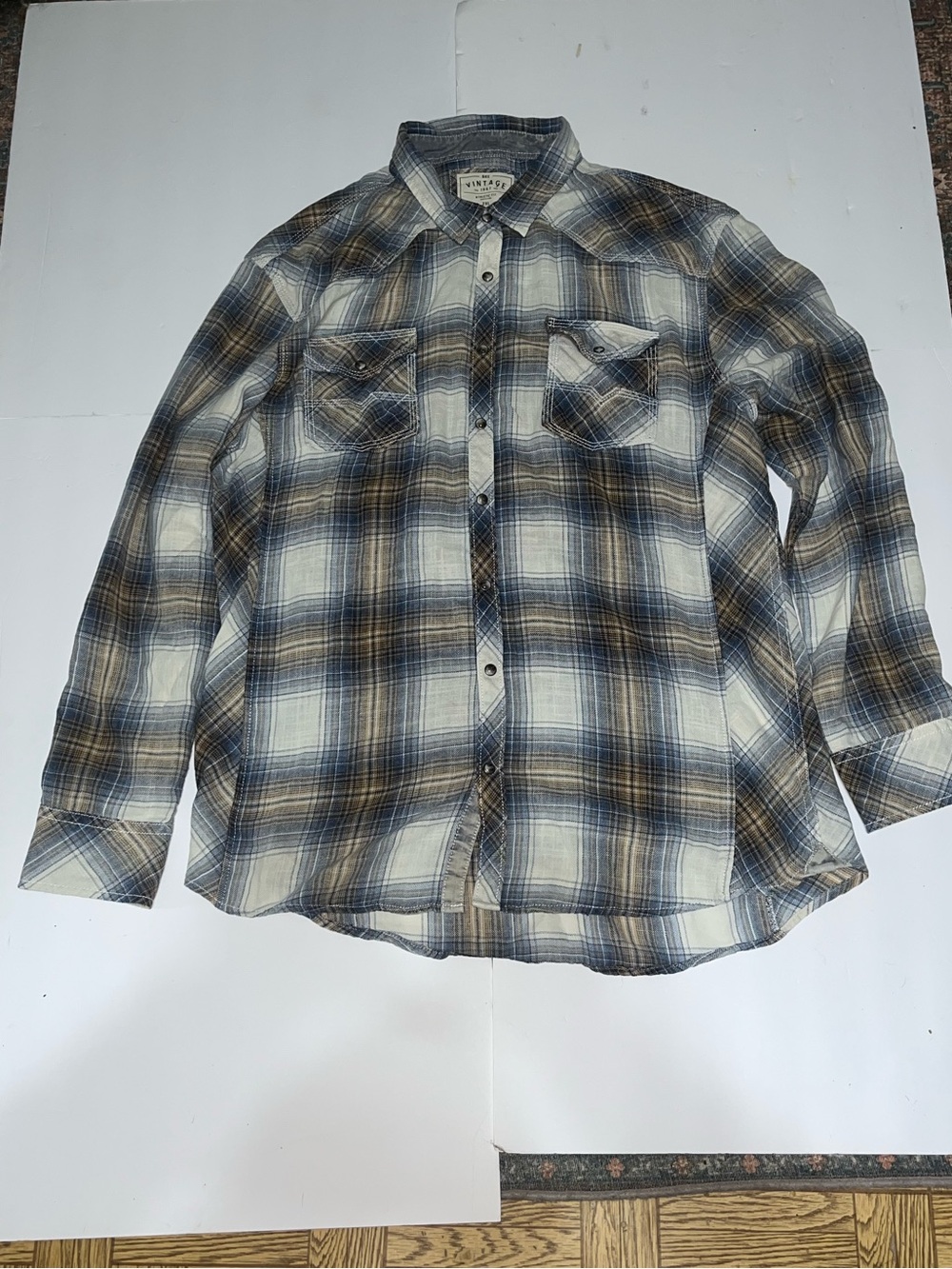 BKE‎ Vintage Mens 2XL Plaid Western Pearl Snap Shirt Blue Brown Athletic Fit XXL